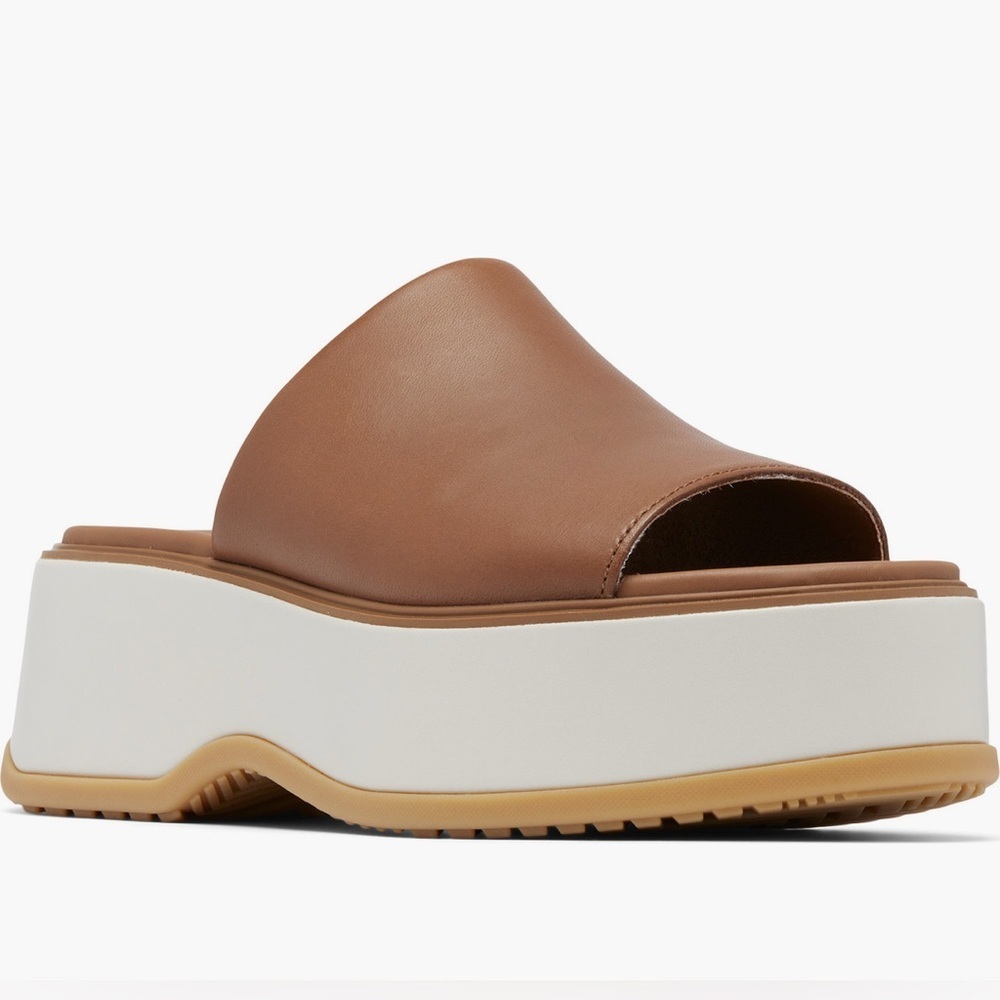 SOREL DAYSPRING PLATFORM SLIDE TAN SLIDE LEATHER ON SANDAL NEW IN BOX